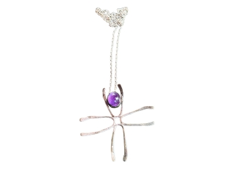 Sterling Silver Artisan Inspired Wishbone / Spider Necklace With Amethyst Accent