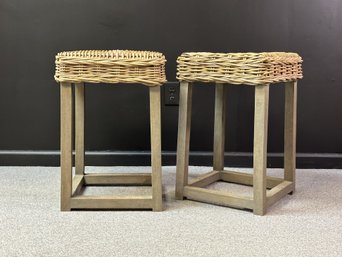 A Pair Of Counter Stools With Woven Wicker Seats
