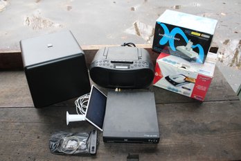 Electronics Lot W/ Boston Subwoofer, AM/FM Radio, Magnavox DVD Player, Altec Lansing InMotion Mobile Audio Etc