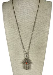 Sterling Silver Filigree Hamsa Pendant With Coral Stone Necklace Chain 20'