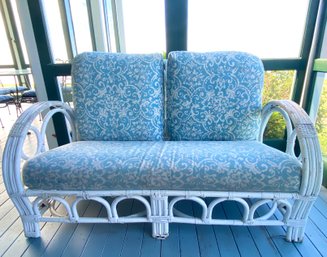 Ca 1930s White Painted Bamboo & Rattan Settee With Bentwood Rolled Arms