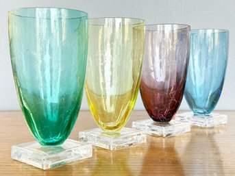 A Set Of Four Hand Blown Water Glasses, Artist Signed On Base
