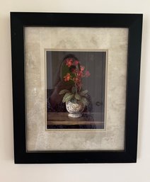 Floral Still Life By Fabrice De Villeneuve, 'Cache Pot Rouge' Bio On Back Of Frame