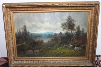Original Antique Victorian Era Landscape Oil Painting On Board In Old Frame