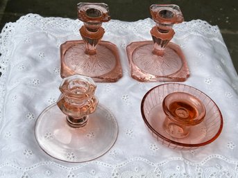 Lot Of 4 Pink Depression Glass Candle Stick Holders - Matching Pair Is 'Adams' Pattern No Issues