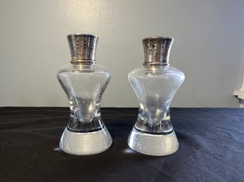 Signed Steuben Salt And Pepper Shakers With Sterling Tops