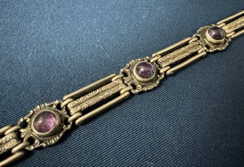 Vintage Sterling Silver Amethyst Cabochon Link Bracelet