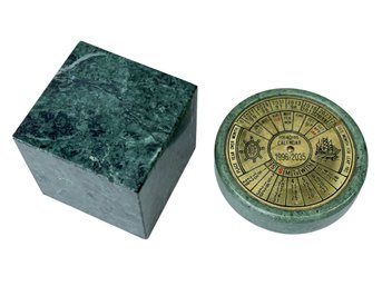 40 Year Calendar Of Green Marble & Brass & Green Marble Cube Paperweight