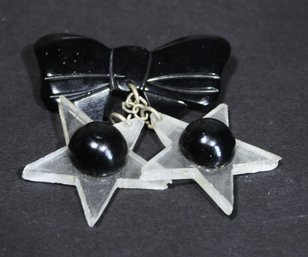 Vintage Bakelite And Lucite Plastic Bow And Stars Brooch