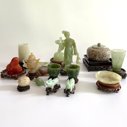 Mostly Jade Carvings With Wood Stands - See Spinach Jade Cups