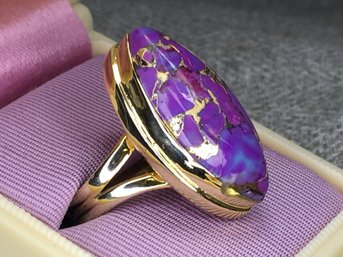 Beautiful 925 / Sterling Silver With Gold Overlay Ring - With Purple Turquoise Cocktail Ring - VERY NICE !