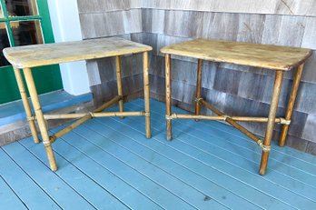 Pair Of  Mid Century Natural Wood Side Tables With Rattan Accents