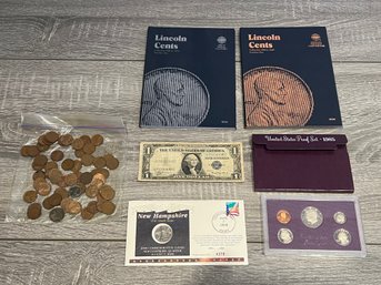 Lot Of Coins Including Wheat Cents, Proof Set, Books