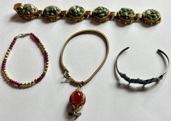 5 Vintage Bracelets: Amber Charm, Green Stones, Turquoise Stars & Beads