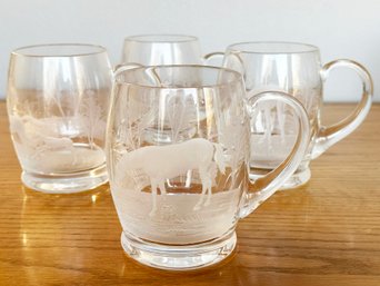 A Set Of Four Etched Crystal Mugs Equestrian Themed