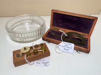 Vintage Brass Protractor In Wood Box Plus Set Of Troy Weights