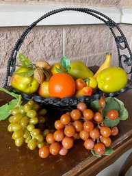 Lot Of Plastic Fruit Variety In A Mid-century Scrolled Metal Basket