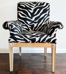 A Rolled Arm Pickled Oak Accent Chair In Attractive Zebra