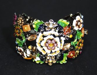 Signed Designer Enamel And Rhinestone Floral Cuff Bracelet In Black Tone