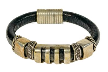 Silver Tone And Thick Leather Bracelet