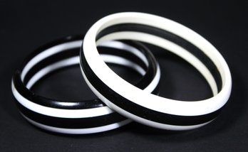 Two Vintage 1960s Plastic Black And White Bangle Bracelets