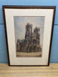 Antique Framed, Matted And Signed Print Of The Cathedral Of Notre-Dame.