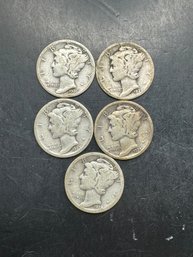 5 Mercury Dimes 1925, 1926-D, 1927-S, 1928, 1929