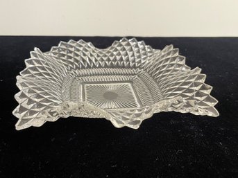 Vintage Clear Depression Glass Diamond Cut Candy Dish WithRuffled Edge