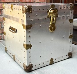 A Gorgeous Vintage Metal Clad Travel Trunk With Brass Hardware