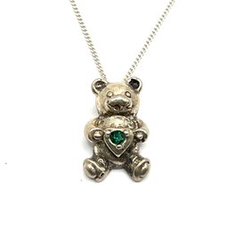 Italian Sterling Silver Chain With Sterling Silver Green Stone Bear Pendant