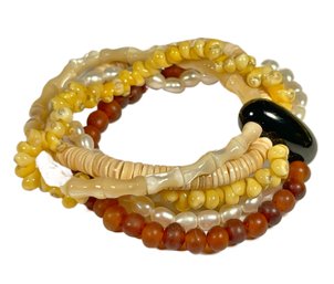 Designer Perl, Shell And Amber Beaded Bracelet