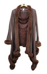 Adrienne Landau Fox Trim Chocolate Brown Wool Jersey Duster/Wrap And Inc. Copper Chocolate Sequined Top