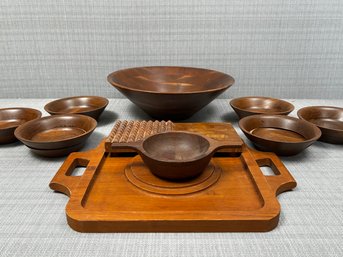 Vintage Mid Century Hand Carved Black Walnut Salad And Serving Bowls