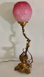 Vintage Bronze Table Lamp With Pink Embossed Glass Shade