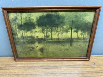 Antique Print Of  Bird In Field With Trees. Signed Bottom Right 1893. Frame Measures 8 9/16' X 12 1/2'.