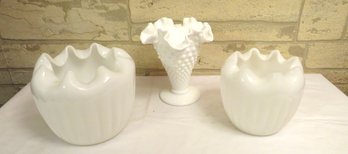Trio Of Ruffled Milk Glass Vases