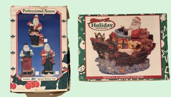 Two Figurines Of Santa - Professional Santa And Holiday Treasures Music & Lighted Santa Guiding His Sleigh