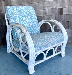 Ca 1930s White Painted Bamboo & Rattan Chair With Bentwood Rolled Arms