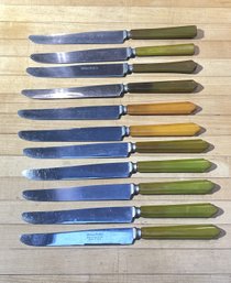 Eleven Mid Century Bakelite Handled Knives- Green & Butterscotch- Seven Robinson Knife Co & Others