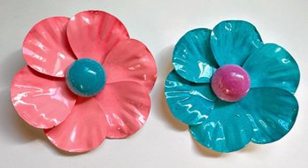 2 Vintage Enameled Metal Flower Pins