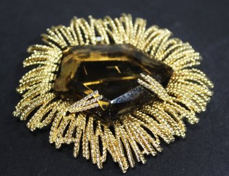 Large Vintage Gold Tone Mcm Brooch Having Topaz Colored Stone