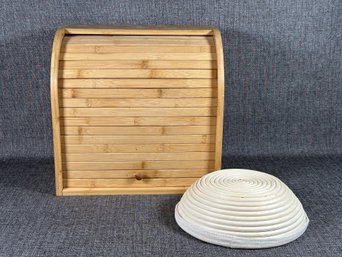 A Bamboo Bread Box & A Coiled-Cane Dough Rising Basket (Brotform) With Liner