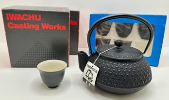 2 New In Box Iwachu Japanese Cast Iron Teapots & 6 New In Box Enamel Teacups