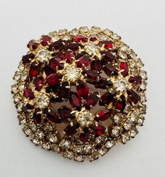 VINTAGE GOLD TONE REDDISH PINK & WHITE RHINESTONE BROOCH