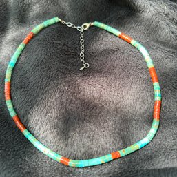 Lovely Vintage Native American Heishi Sterling, Turquoise & Coral Necklace