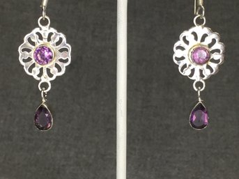 Lovely 925 / Sterling Silver And Amethyst Drop Earrings With Delicate Lattice - Very Pretty - Brand New !