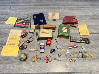 Great Lot Of Smalls Including Jar Of Gold Nuggets, Antique Stick Pins, Tin Litho Globe Pencil Sharpener