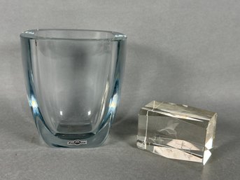 Quality Strombergshyytan Thick Glass Vase & Bird Paperweight