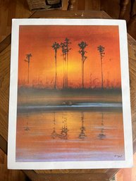 Roberto Righi Signed Orange Wetlands Scene Vintage Print