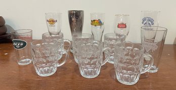 8 Beer Glasses - Stella Artois, Hard Rock, Mohegan Sun, Greg's, Budweiser & 6 Beer Mugs